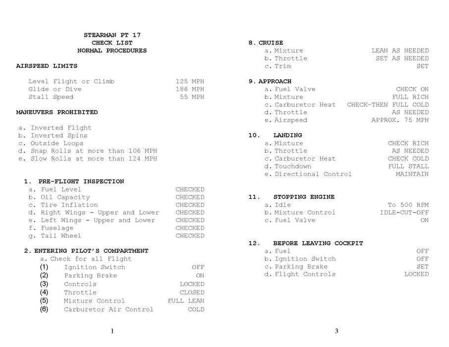 Stearman PT-17 Pilot's Checklist (STPT17-CL-C)