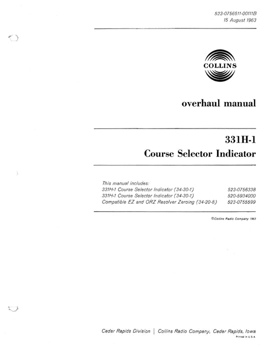 Collins 331H-1 1963 Overhaul Manual with Illustrated Parts (523-0756511-00111B)