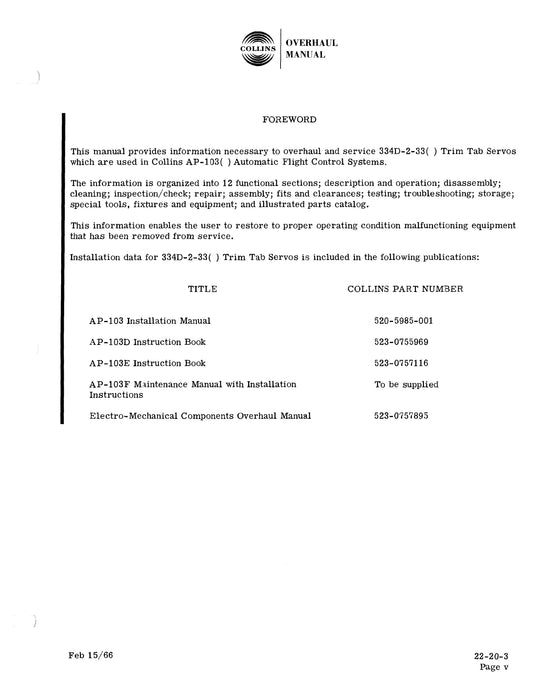 Collins 334D-2-33( ) Trim Tab Servo Overhaul Manual (523-0755471-101113) TD-456B