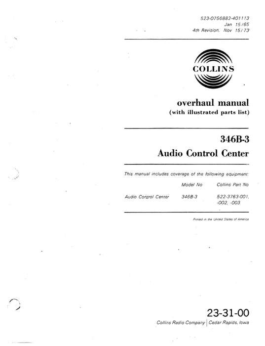 Collins 346B-3 Audio Control Center Overhaul Manual with Illustrated Parts List (523-0756882-401)