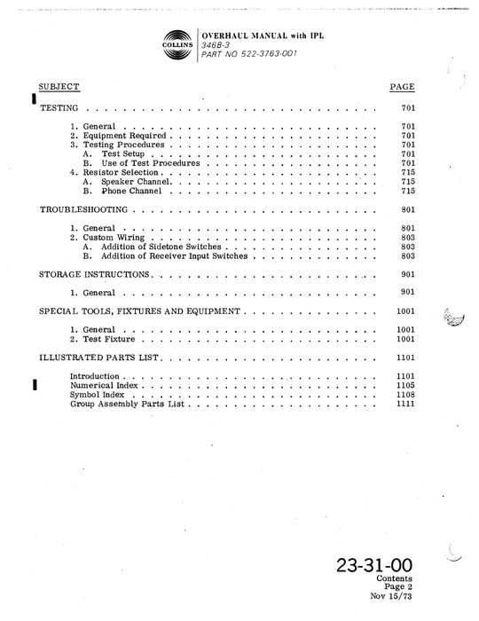 Collins 346B-3 Audio Control Center Overhaul Manual with Illustrated Parts List (523-0756882-401)