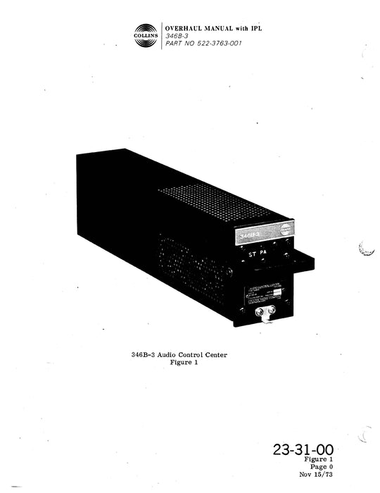 Collins 346B-3 Audio Control Center Overhaul Manual with Illustrated Parts List (523-0756882-401)