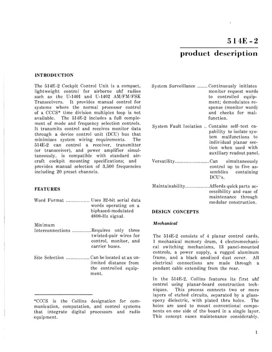 Collins 514E-2 Cockpit Control 1967 Product Description (523-0759636-00111J)