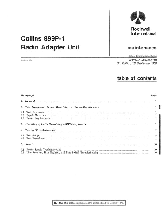 Collins 899P-1 Radio Adapter Unit 1989 Instruction Book-Repair Manual (523-0771047-00211A)