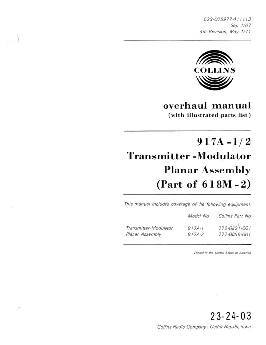 Collins 917A-1-2 (Part of 618M-2) 1967 Overhaul Manual (with Illustrated Parts List) (523-075977-411113)