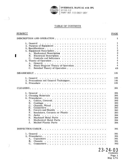 Collins 917A-1-2 (Part of 618M-2) 1967 Overhaul Manual (with Illustrated Parts List) (523-075977-411113)