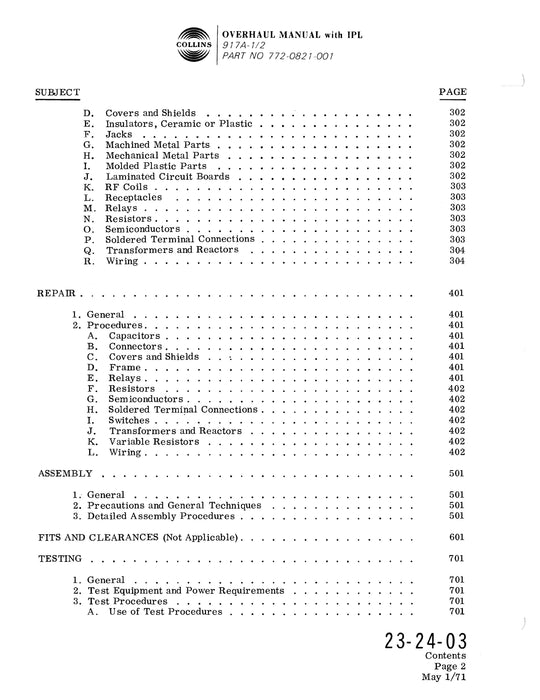 Collins 917A-1-2 (Part of 618M-2) 1967 Overhaul Manual (with Illustrated Parts List) (523-075977-411113)