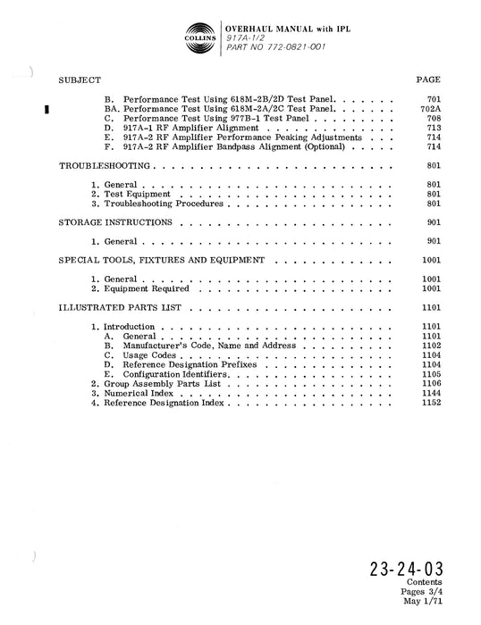 Collins 917A-1-2 (Part of 618M-2) 1967 Overhaul Manual (with Illustrated Parts List) (523-075977-411113)