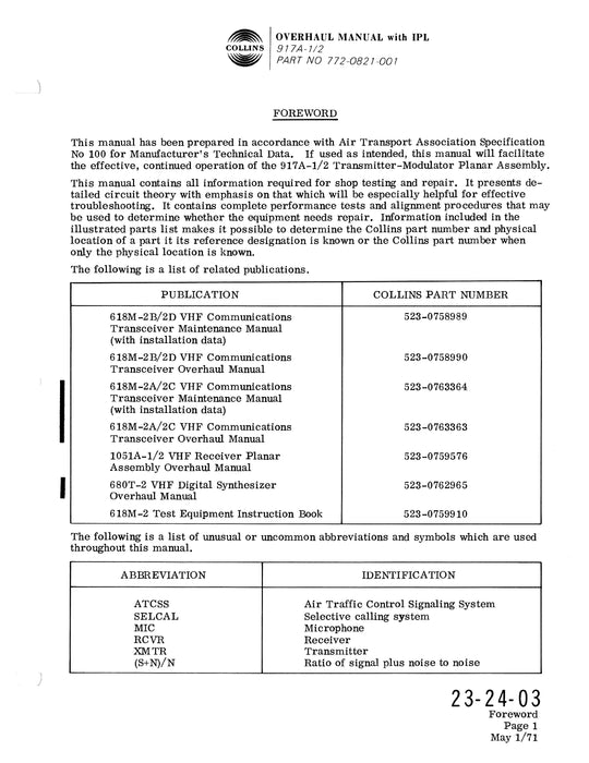 Collins 917A-1-2 (Part of 618M-2) 1967 Overhaul Manual (with Illustrated Parts List) (523-075977-411113)