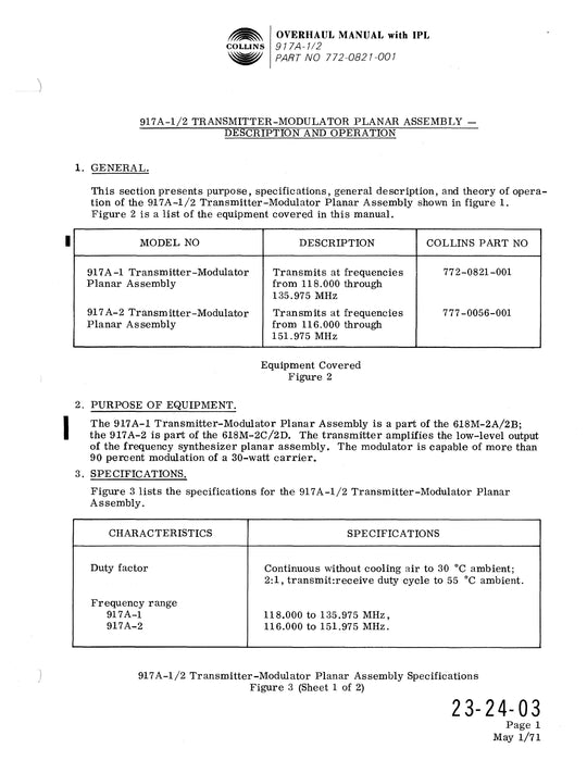 Collins 917A-1-2 (Part of 618M-2) 1967 Overhaul Manual (with Illustrated Parts List) (523-075977-411113)