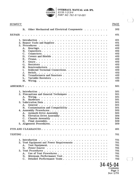 Collins 937R-1-2-3-4 Antennas 1970 Overhaul Manual (with Illustrated Parts List) (523-0762621-001112)