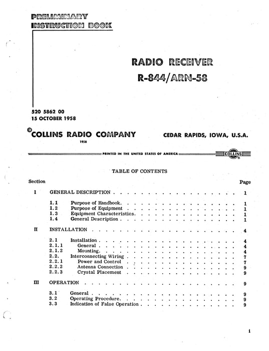 Collins R-844-ARN-58 1958 Preliminary Instruction Book (520-5862-00)