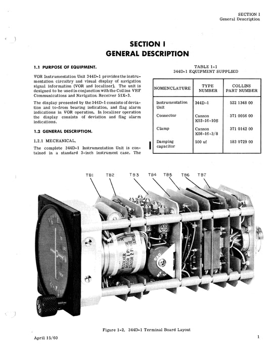 Collins VOR Instrumentation Unit 344D-1 1959 Instruction Book (520-5915-00)