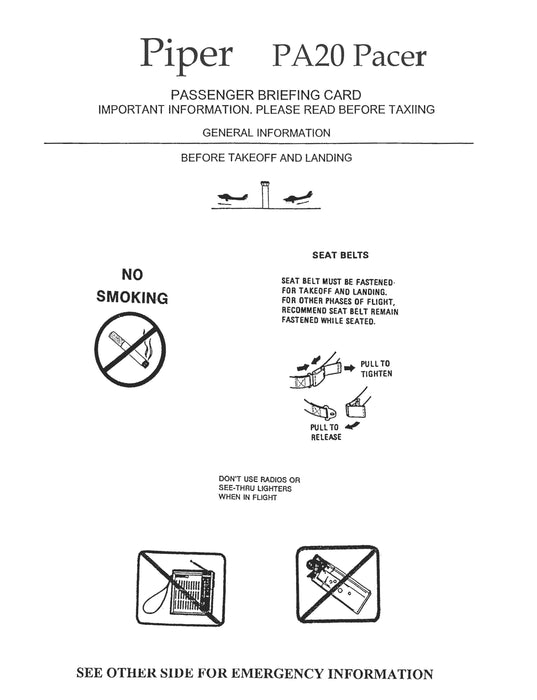 Piper PA-20-135 Passenger Briefing Cards