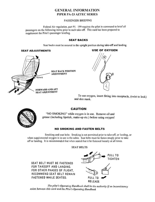 Piper PA-23-250 Aztec "C" (1966-1968) Passenger Briefing Cards