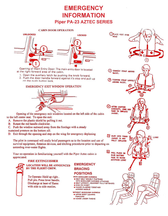 Piper PA-23-250 Aztec "C" (1966-1968) Passenger Briefing Cards