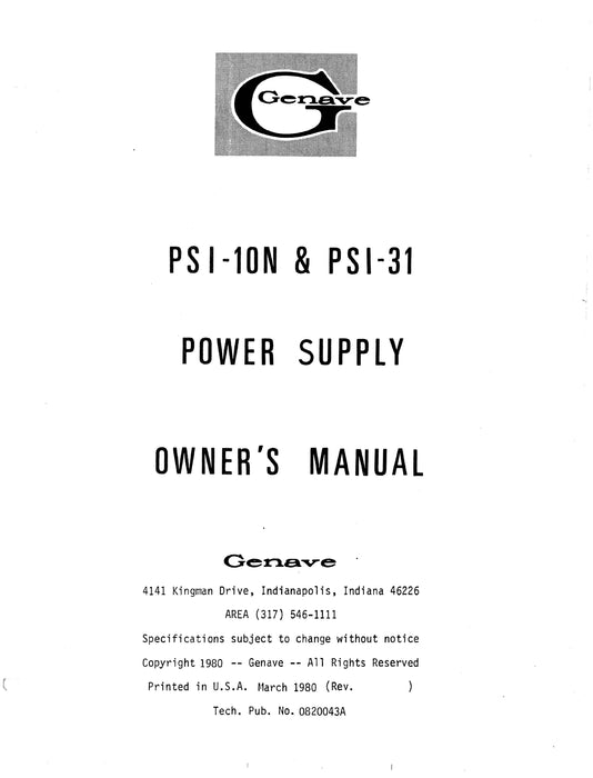 Genave PSI-10N & PSI-31 Power Supply Owner's Manual 1980