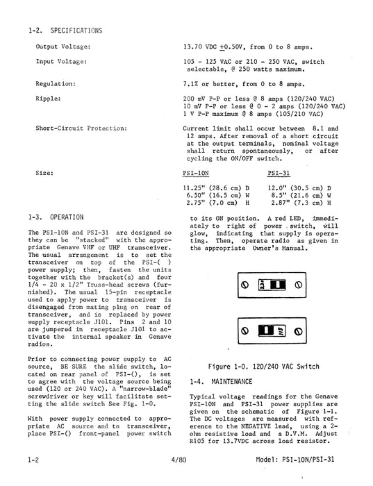 Genave PSI-10N & PSI-31 Power Supply Owner's Manual 1980