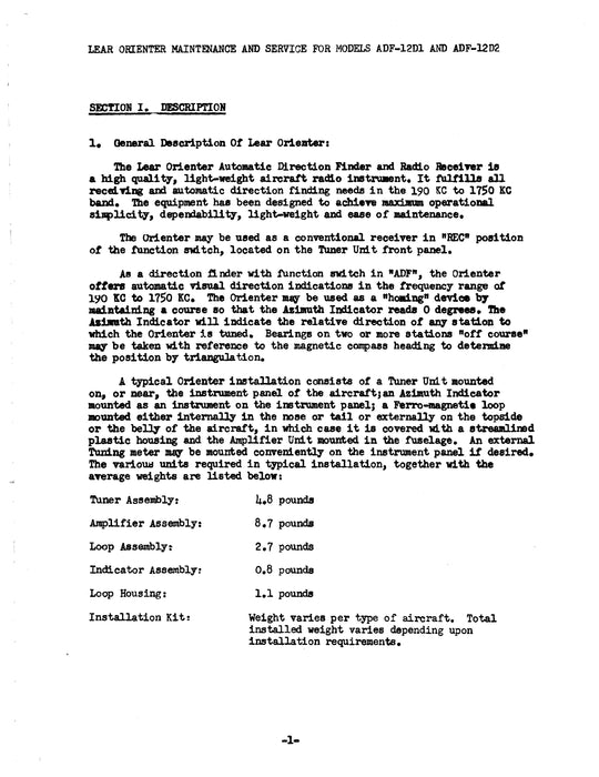 Lear ADF-12D1 & ADF-12D2 Instruction Manual (LEADF12D1,2-INS)