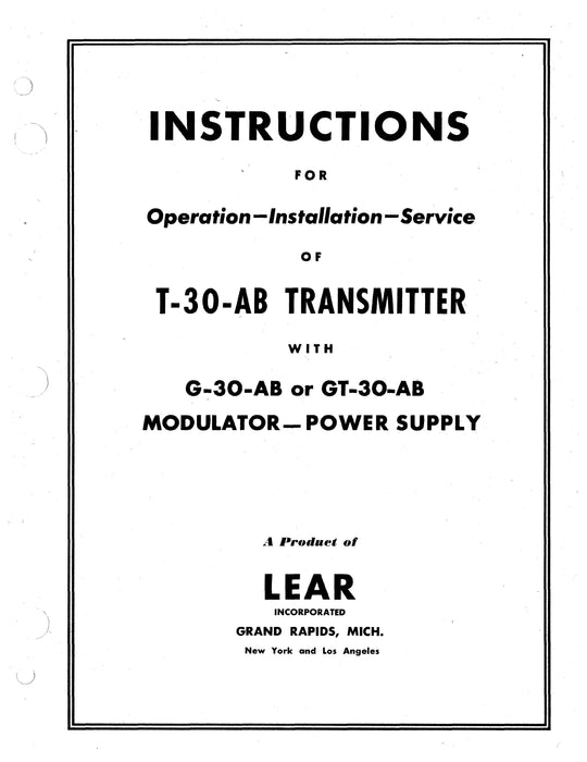 Lear T-30-AB Transmitter Operation, Installation, & Maintenance Instruction