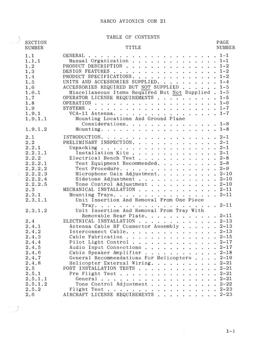 Narco COM 21 VHF Transceiver 1979 Maintenance Manual (03112-0600)