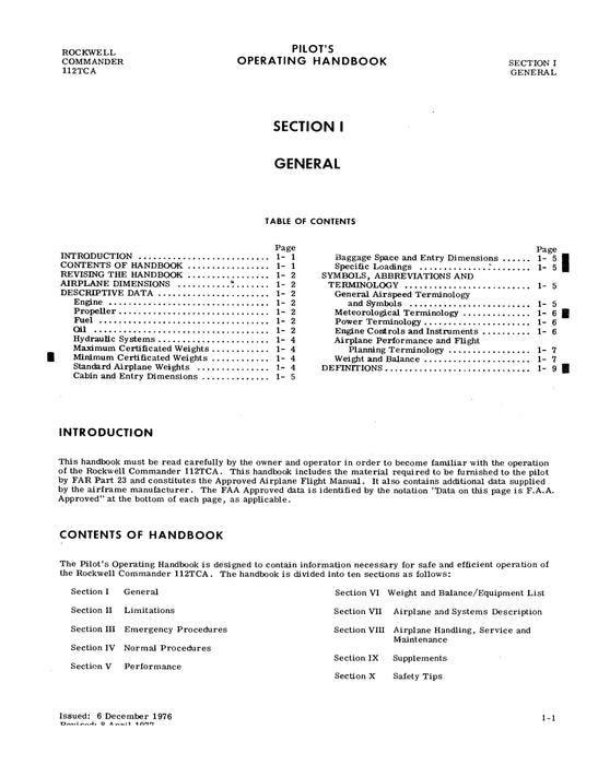 Aero Commander 112TC-A Commander 1977-79 Pilot's Operating Handbook (AC112TCA77POH-C)