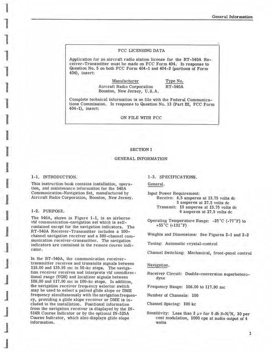 Aircraft Radio Corporation ARC 540A Communication Navigation Set Instruction Book (AR540A-IN-C)