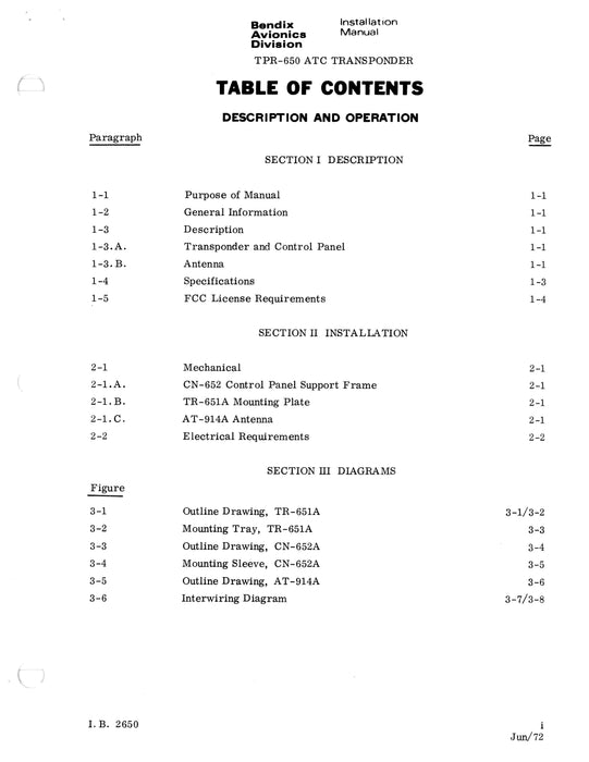 Bendix TPR-650 ATC Transponder System Installation Manual (I.B.2650)