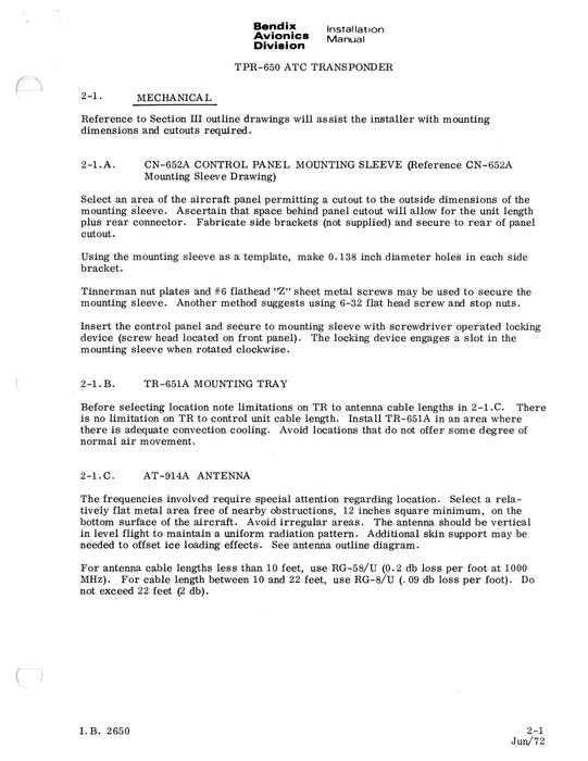 Bendix TPR-650 ATC Transponder System Installation Manual (I.B.2650)