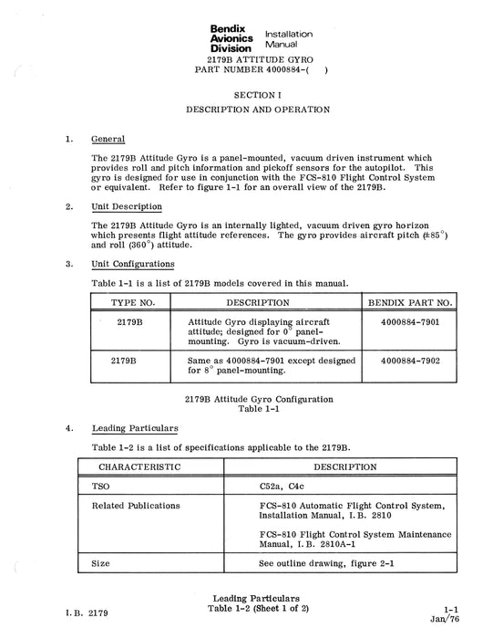 Bendix 2179B Attitude Gyro Installation Manual (I.B.2179)