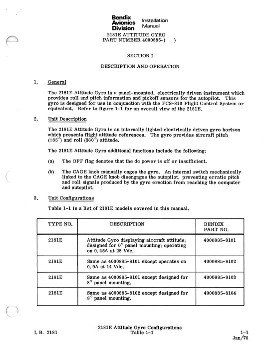 Bendix 2181E Attitude Gyro Installation Manual (I.B.2181)