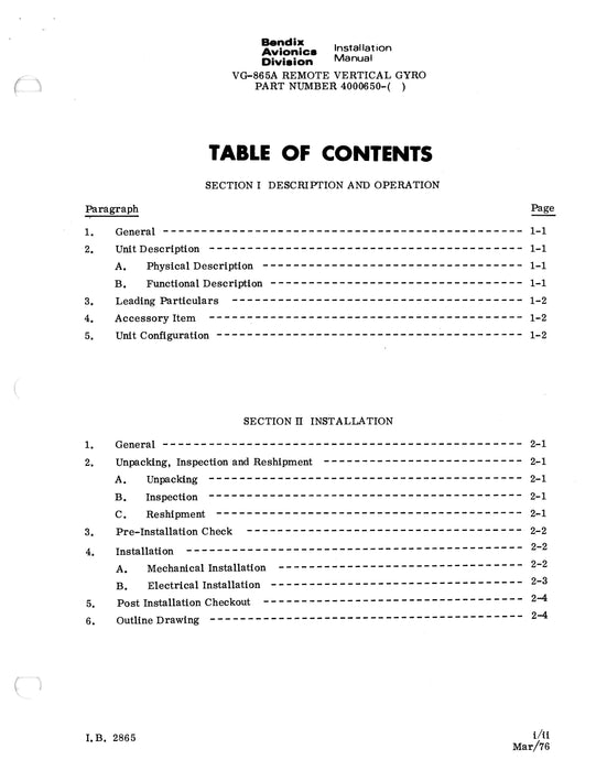 Bendix VG-865A Remote Vertical Gyro Installation Manual (I.B.2865)