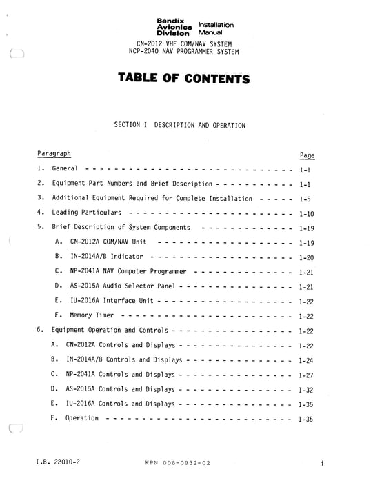 Bendix CN-2012 VHF COM-NAV System, NCP-2040 Nav Programmer System Installation Manual (22010-2)