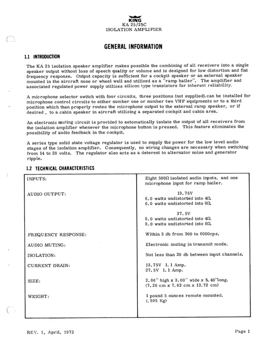 King KA 25-25C Isolation Amplifer Installation Manual (006-0027-01)