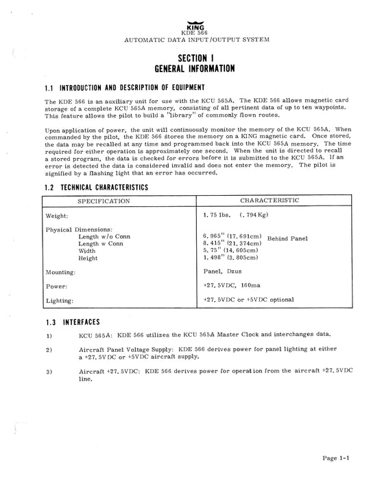 King KDE 566 Automatic Data Input-Output System Installation Manual (006-0118-01)