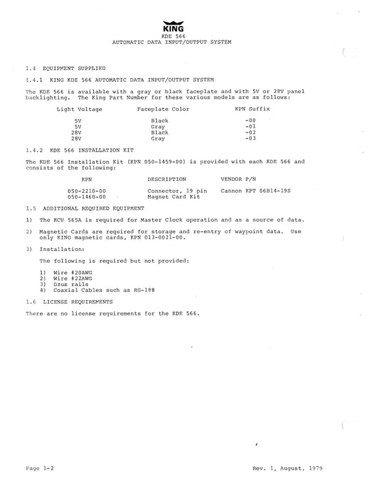 King KDE 566 Automatic Data Input-Output System Installation Manual (006-0118-01)