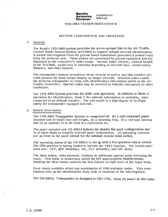 Bendix TPR-2060 ATC Transponder System Installation Manual (I.B.22060)