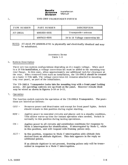 Bendix TPR-2060 ATC Transponder System Installation Manual (I.B.22060)