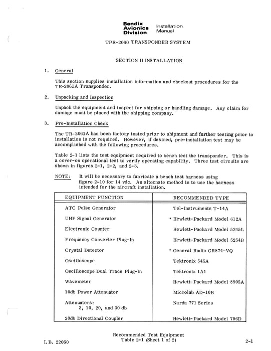 Bendix TPR-2060 ATC Transponder System Installation Manual (I.B.22060)