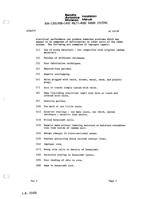 Bendix RDR-1300-1400 Multi-Mode Radar Sytems Installation Manual (I.B.21400)