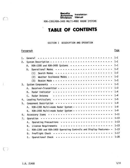 Bendix RDR-1300-1400 Multi-Mode Radar Sytems Installation Manual (I.B.21400)