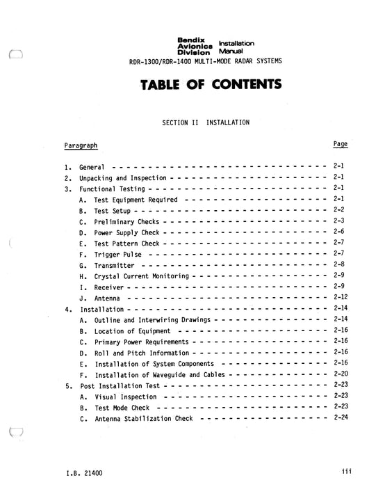 Bendix RDR-1300-1400 Multi-Mode Radar Sytems Installation Manual (I.B.21400)