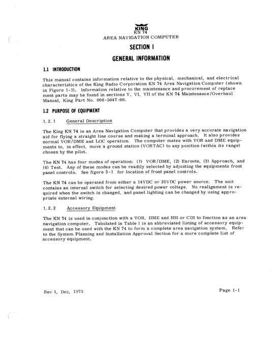 King KN 74 Area Nav Computer Installation Manual (006-0056-00)