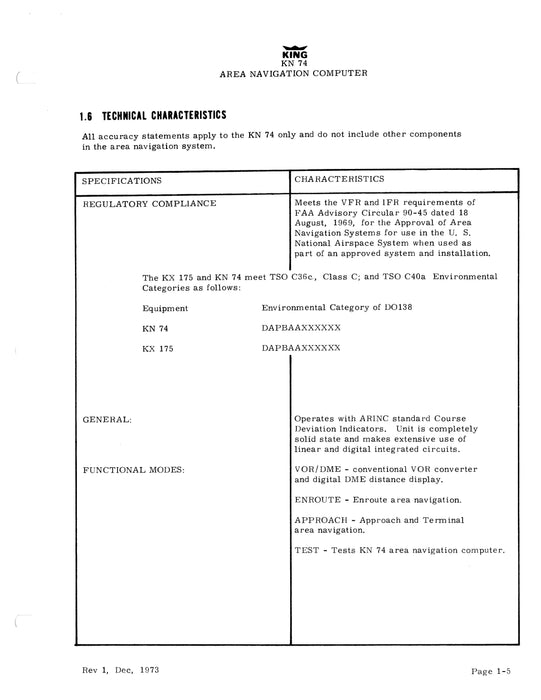 King KN 74 Area Nav Computer Installation Manual (006-0056-00)