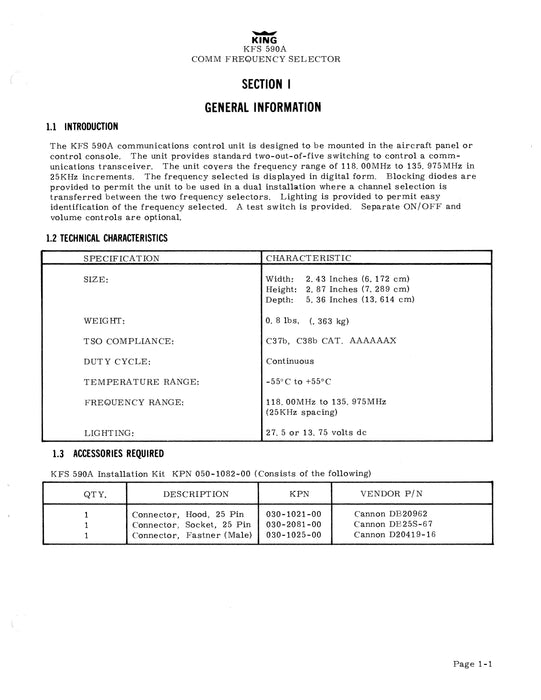 King KFS-590A Comm Frequency Selector Installation Manual (006-0083-00)