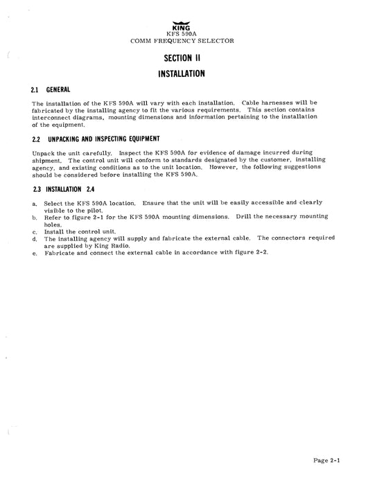 King KFS-590A Comm Frequency Selector Installation Manual (006-0083-00)