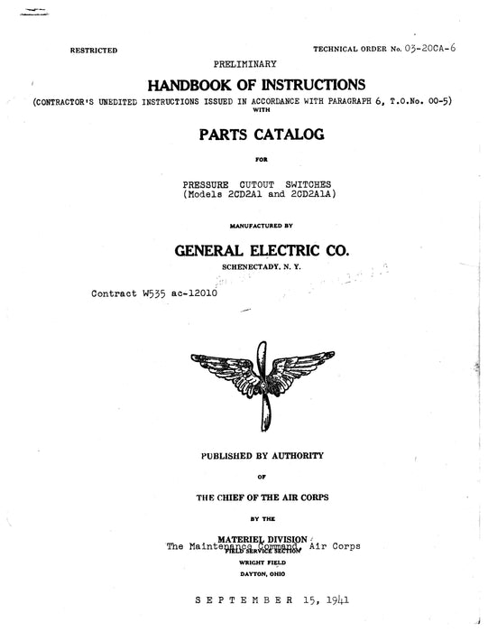 General Electric Company Pressure Cutout Switches 2CD2A1 & 2CD2A1A Instructions With Parts Catalog (03-20CA-6)