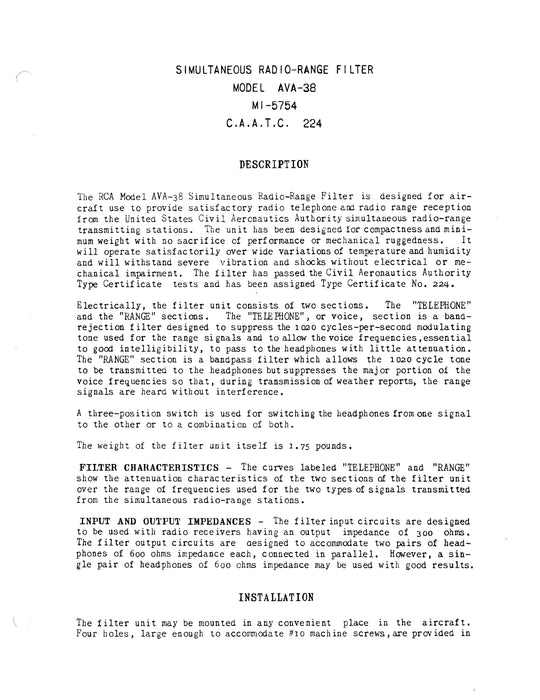 RCA AVA-38 Simultaneous Radio-Range Filter Instructions