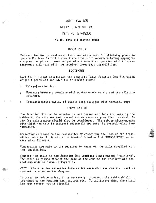 RCA Relay Junction Box Model AVA-125 Instructions B-34027-2