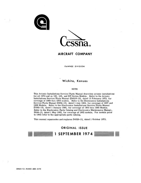 Cessna Avionic Installations Models 180/185/207 Series 1974-75 Service/ Parts Manual